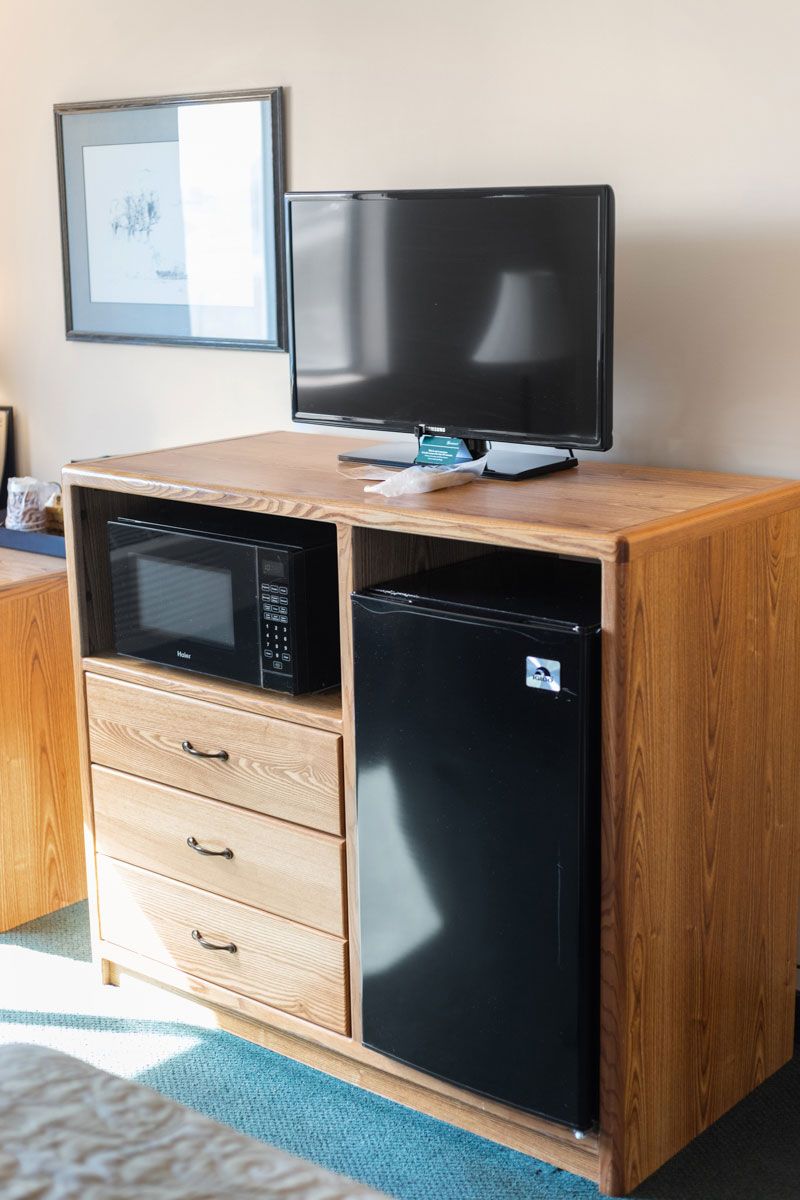 hotel room with fridge microwave tv